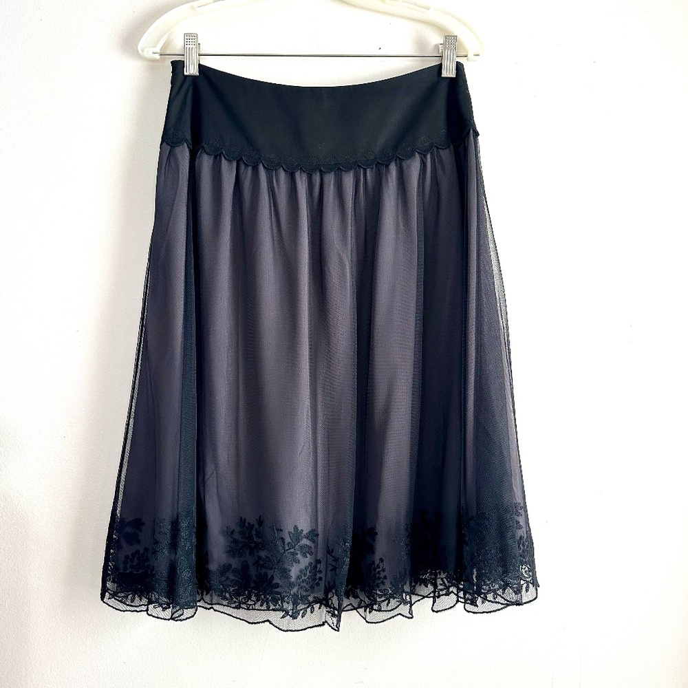 Garnet Hill Black Sheer Midi Skirt with Floral Embroidered Hem